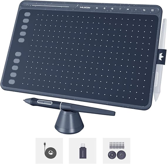 HUION HS611 Drawing Tablet 8192 Pressure Graphics Tablet with 10 HotKeys | Digital Art Tablet with Tilt Support Battery-Free Stylus, 8 Multimedia Keys, Touch Ring, 10x6inch Android Support Drawing Pad