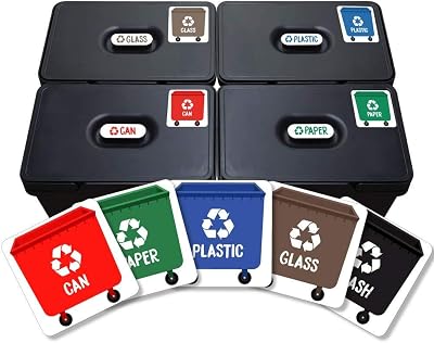 6 Stickers for Recycling Bins, Adhesive Vinyl Labels for Paper, Plastic, Cans, Waste, Mixed Recycling, Glass, Easy to Apply - Size: XS