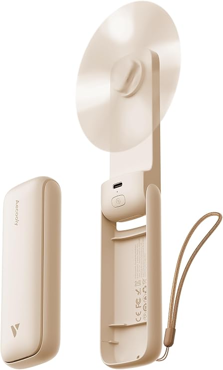 Aecooly Slim Portable Fan, Slim Handheld Fan, USB Rechargeable Mini Personal [24H Maximum Cooling Time], Battery Powered Small Foldable Pocket for Travel, Summer, Gifts for Women, Girls -Beige