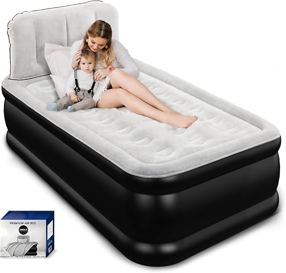 Twin Air Mattress with Headboard, Built-in Pump, 19" Raised Comfort Support | 600 lbs Support, 48-Hour Leak-Tested PVC, 2.5-Minute Inflation, Comfortable Inflatable Bed for Home & Flexible Sleeping Needs