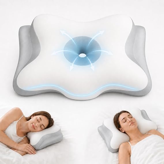 Ergonomic Cervical Neck Pillow for Neck Pain Relief, Side Sleeper Pillow, Orthopedic Pillow, Sleep Apnea Pillow, Cooling Cervical Neck Pillow, Butterfly Contour Pillow with Silk Cover & Travel Bag