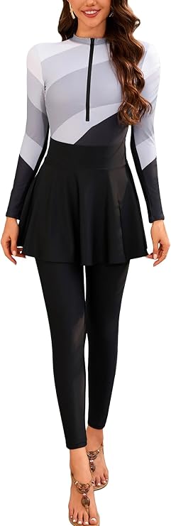 IBAKOM Women's 3-Piece Muslim Swimsuit Modest Long Sleeve Full Body Burkini Rash Guard Islamic Tummy Control Bathing Suit