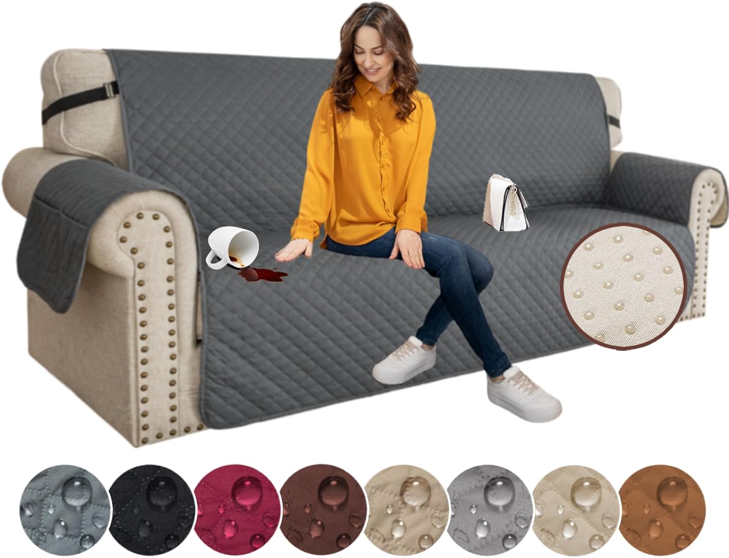 XINEAGE Quilted Sofa Covers 3 Seater, Water Resistant Couch Covers for 3 Seater, Non Slip Sofa Slipcoevrs for Dogs Pets, Reversible Sofa Protector with Elastic Strap Washable Sofa, Dark Grey