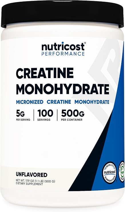 Nutricost Creatine Monohydrate Micronized Powder 500G, 5000mg Per Serv (5g) - 100 Servings for Endurance, Muscle Growth, Athletic Performance and Recovery