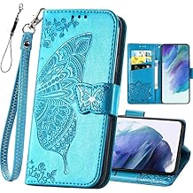 for Galaxy S21 FE 5G Phone Wallet Case,Women Flip Folio Cover with Butterfly Embossed PU Leather Stand Card Holder Wrist Strap for Samsung S21 FE 6.4" (Blue)