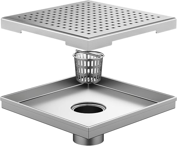 Neodrain 8 in Brushed Square Shower Drain with Quadrato Pattern Grate | 304 Stainless Steel Square Drain for bathroom, with Hair Strainer and Lifting Hook,Waterproof & Durable, CUPC Certified