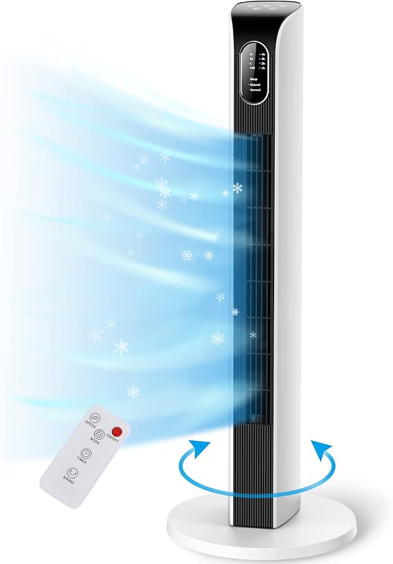 Oscillating Tower Fan Powerful Cooling Fan with Remote Control Electric Portable Standing Bladeless Floor Fan with 3 Wind Speeds,Timer, LED Display for Bedroom Kitchen Office (34inch, White)