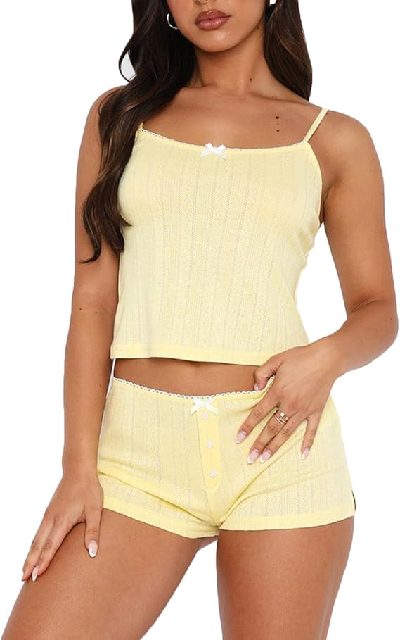 RUEWEY Women Floral Pajama Set Spaghetti Strap Lace Cami Crop Tops and Shorts Knit Lounge Set 2 Piece Outfits