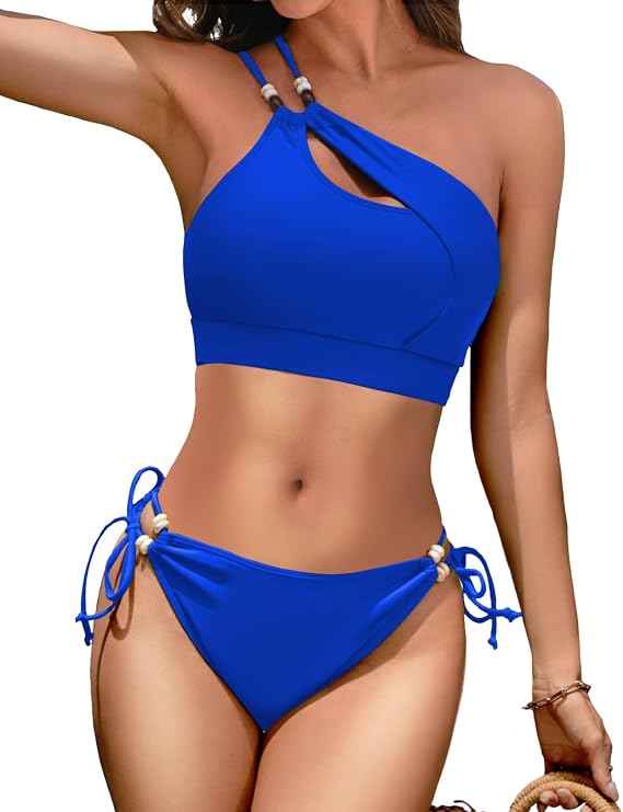 Women One Shoulder Bikini Set 2 Piece Cutout Swimsuit | Adjustable Strap, Beaded Design, Removable Cups, Cheeky Bottom, Fully Lined, Tie Side Bathing Suit