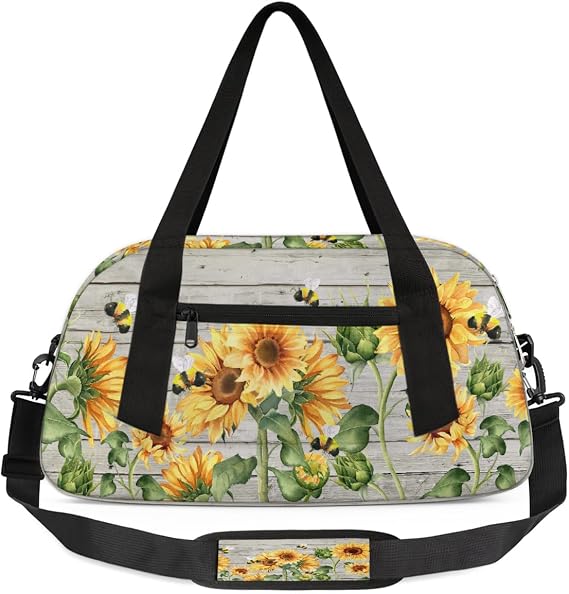 Kids Travel Duffle Bag Weekender Overnight Bag Gym Tote for Boy Girls Carry On Workout Duffel Bag(Watercolor Sunflowers Wooden)