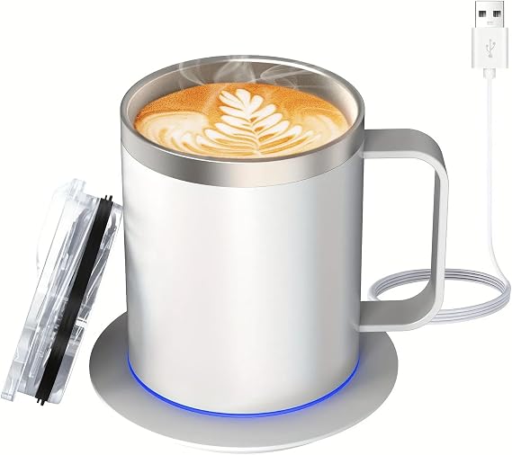 Self Heating Coffee Mug Warmer, 12oz Smart Mug Automatic Shut Off, USB Rechargeable Heated Coffee Mug with Lid for Travel/Office/Home