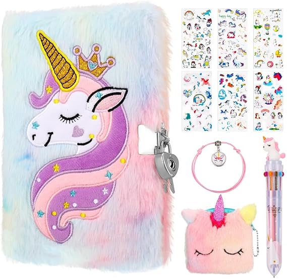 FRIUSATE Unicorn Secret Diary for Girls, Lockable Diary with Lock Plush Notebook Journal Unicorn Gifts for Girls 6-12 Year Old Birthday Presents
