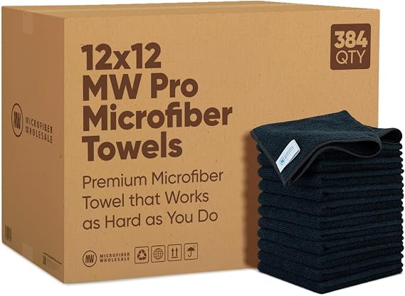 MW Pro Bulk Microfiber Cleaning Cloths Wholesale | Black - Case: 384 Quantity | Size 12" x 12" | Premium Microfiber Towels for Cleaning Glass, Kitchens, Bathrooms, Automotive...