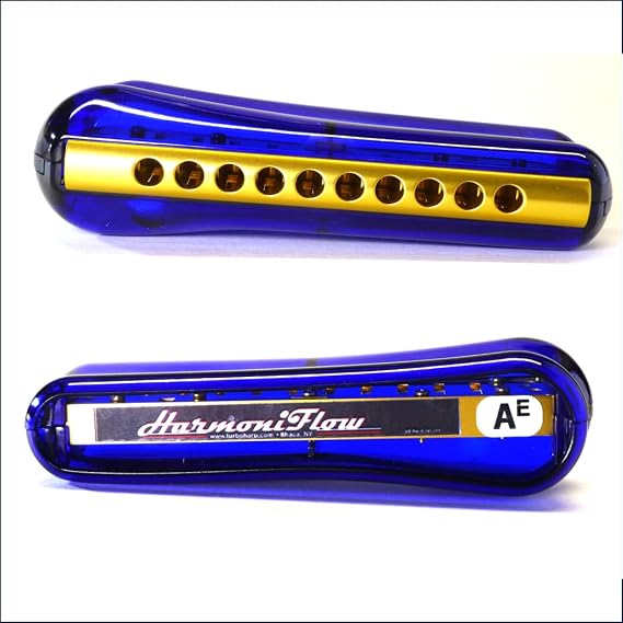 The HarmoniFlow: StreamLined, 10-hole, Diatonic Harmonica (Blue-Gold, Key of A)