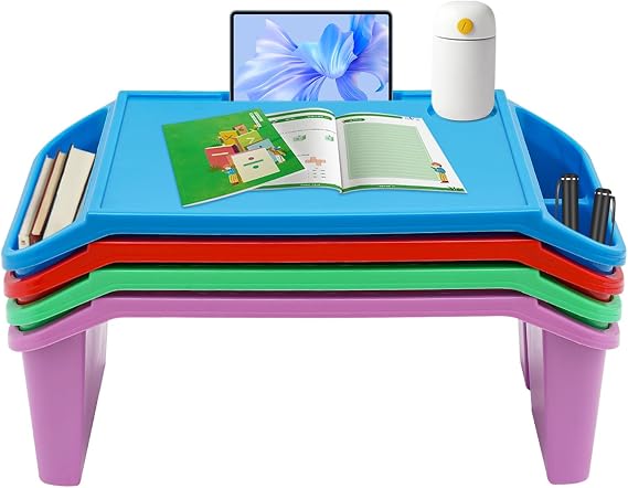 4 Pcs Kids Lap Desk Tray with Storage, Plastic Breakfast Laptop Trays with Side Pockets and Slot, Portable Lap Bed Table Bed Trays for Writing Eating Game Classroom Snacks Boy Girl