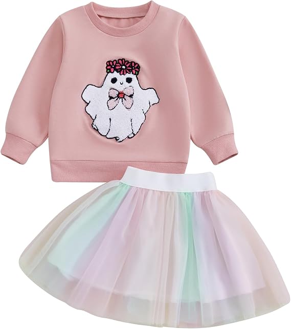 Toddler Baby Girl Halloween Outfit Pumpkin Ghost T-shirt Sequined Rainbow Tulle Tutu Skirt Set Girls Halloween Dress