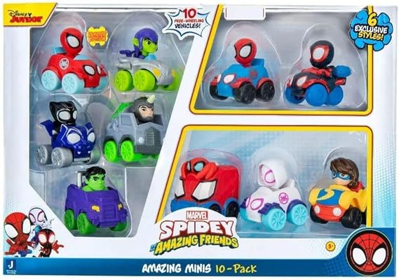 Marvel's Spidey and his Amazing Friends SNF0046 10-Pack-2 Mini Vehicle Assortment Including, Ghost Spider, Miles, Hulk, and More-Toys Featuring Your Friendly Neighbourhood Spideys, Multi