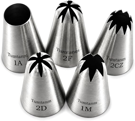 #1A #2F #2D #1M #2CZ Seamless Stainless Steel Piping Icing Tips, 5 Pack Extra Large Piping Nozzles Cupcake Decorating Kit