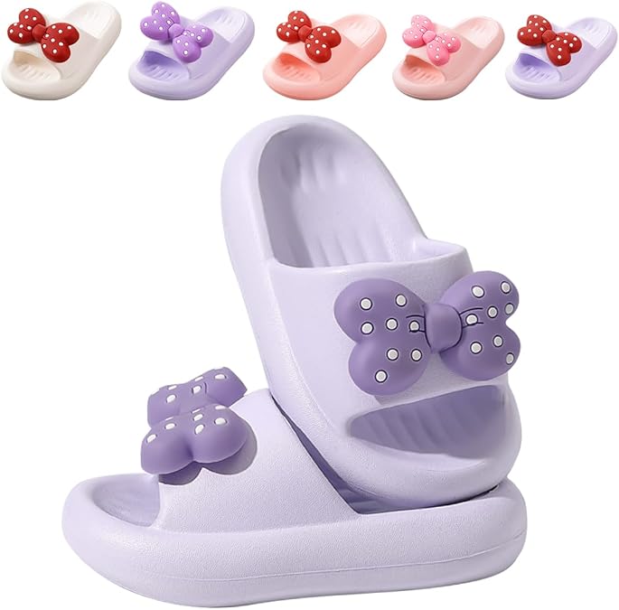Girls Cloud Bow Slide & Shower Slippers - Non-Slip Slip-On Kids Beach Pool Indoor Outdoor Shoes