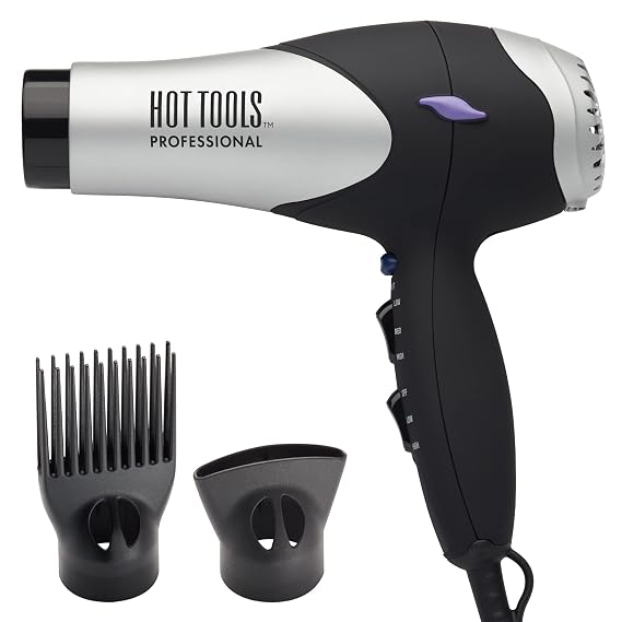Hot Tools Pro Artist Turbo Styling Hair Dryer | Lightweight and Quiet, Silver/Black, 1 Count (Pack of 1) | Lightweight, Quiet, 3 Heat & 2 Speed Settings, Cool Shot, Pik, Concentrator