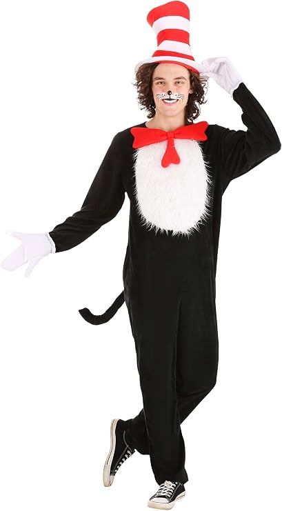 elope Dr. Seuss Cat in the Hat Costume for Adults - Jumpsuit with Hat, Bow Tie, Tail, Gloves - Officially Licensed M