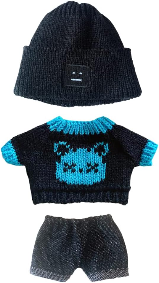 niannyyhouse 20cm Plush Doll Clothes Hat Kitten Sweater Flanging Jeans Kpop Doll Clothing (Black+Blue)