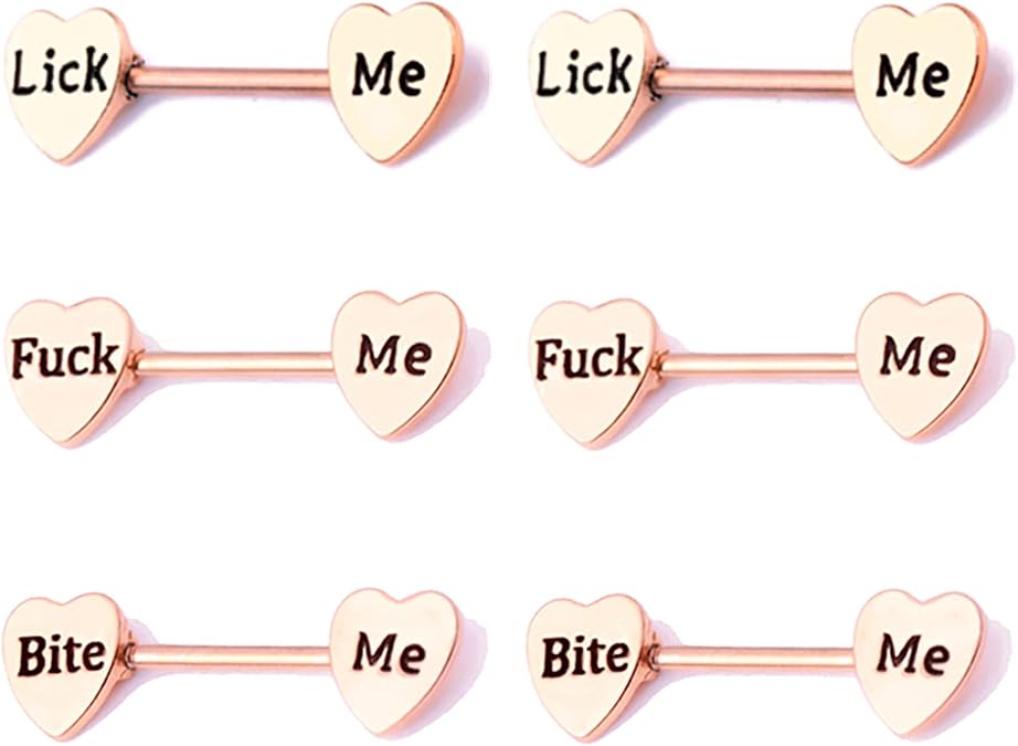 3Pairs 14G Stainless Steel Nipple Rings Lick Me Cum Here Sexy Letter Heart Straight Barbell Bars Tongue Ring 14mm(9/16 Inch) Body Piercing Jewelry Set