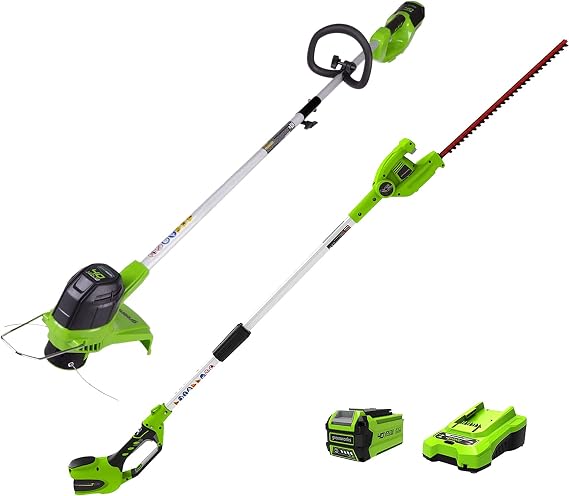 Greenworks 40V 20" Cordless Pole Hedge Trimmer and 40V 12" String Trimmer, (1) 2.0Ah Battery and Charger Included