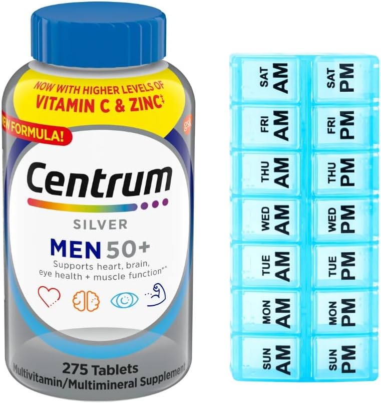 WW Centrum Silver Mens Multivitamin for Men 50 Plus 275 Tablets, MultivitaminMultimineral Supplement with Vitamin D3, B Vitamins  7-Day Travel Pill Organizer