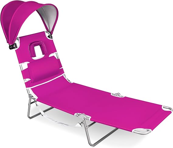 Romswi 1PK Folding Tanning Beach Chair with Face Hole & Canopy Shade, 5-Position Reclining Sun Lounger, Portable Face Down Tanning Chair with Arm Holes & Side Pocket for Beach, Pool & Patio, Neon Pink