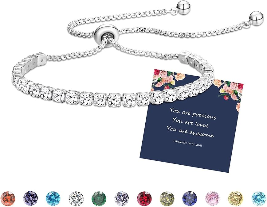 Silver Tennis Birthstone Bracelet for Womens Crystal Zirconia Bracelet Card | Birthday Christmas Valentine's Day Jewellery Gift, Ideal for Mum Sisters Girlfriend, Dainty Fine Silver Jewellery