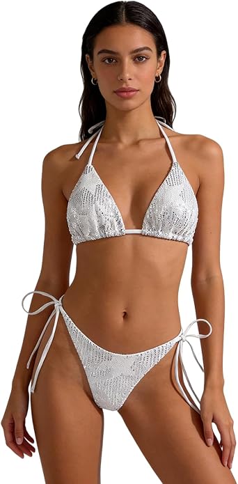 Women Sexy Shiny Glitter Bikini Set Sparkle Bathing Suit Two Piece Swimsuits Triangle Top High Cut Bottom Set
