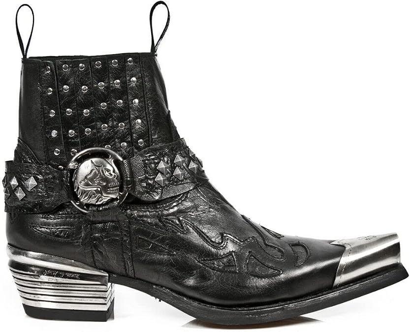 New Rock Mens Boots 7950P-S1 Black Ankle Western Goth Strap Skull Studded Metal Boot
