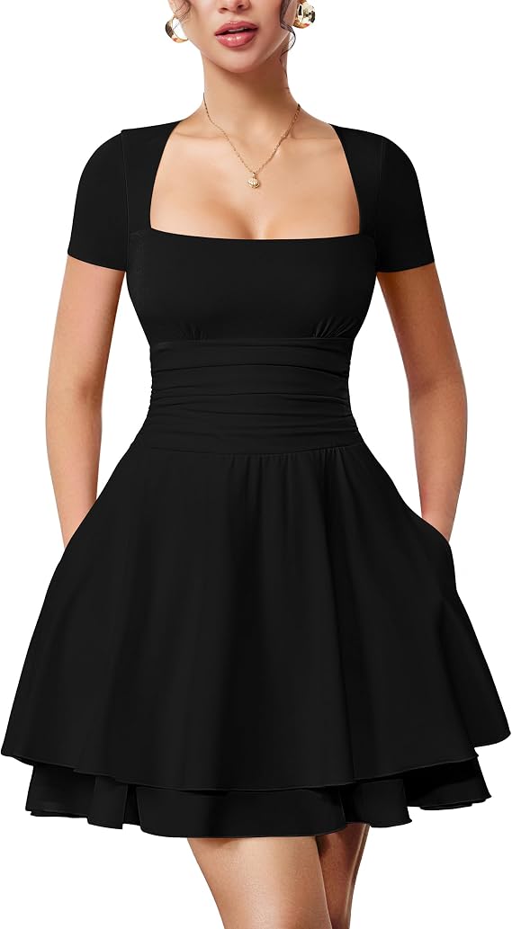 YMDUCH Women's Casual Square Neck Mini Sleeve Short Party Dress