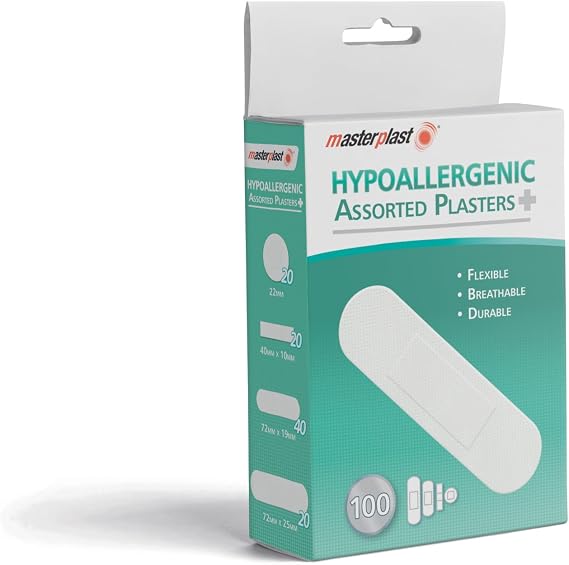 Masterplast Hypoallergenic Assorted Plasters 100 Pack | Flexible Breathable Durable, Individually Wrapped First Aid Dressings, 4 Sizes 22mm, 40mm x 10mm, 72mm x 19mm, 72mm x 25mm