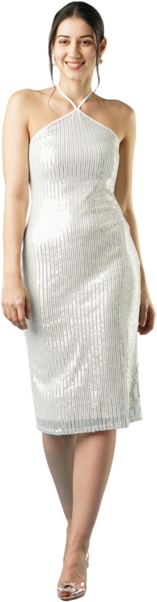 Globus Women's Party Halter Neck Tie-Back Nylon Sequinned Sheath Midi Dress