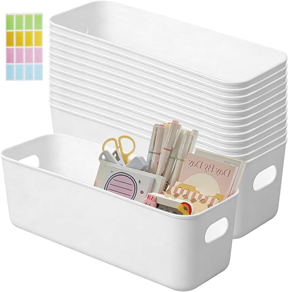 12pcs Small Narrow Storage Baskets Plastic Bathroom Storage Box (non lid) | Long White Containers with Handle, Cupboard Cabinet Organiser Deep Trays for Shelves, Kitchen, Office, Fridge, Bathroom