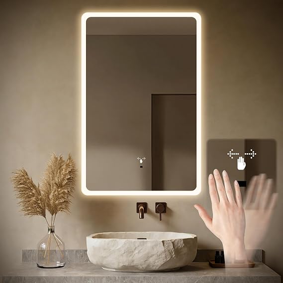 WARM&LOVE 16 x 24 Inch LED Bathroom Mirror, Hand Scan Sensor Anti-Fog Bathroom Mirror with Lights, Stepless Dimming, 3 Color Modes, LED Bathroom Mirrors for Wall, Vertically Only