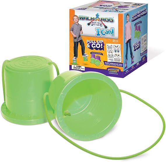 Geospace Walkaroo I-Can! Balance Walking Bucket Stilts with Adjustable Nylon Lines for Small Kids Ages 3 to 8 - Indoor or Outdoor Safe Active Play & Increased Coordination (1 Green Pair)