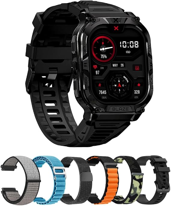 CARBINOX Blaze Smart Watch with 6 Pack Bands 22 mm GPS, Rugged Fitness Tracker Waterproof IP69K, Compatible with Android and iOS, 170+ Sports Modes, Make/Receive Calls (Square)