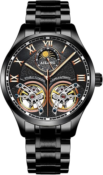 AILANG Men's Skeleton Watches Automatic Mechanical Watch with Dual Balance Wheels (All Black-B)