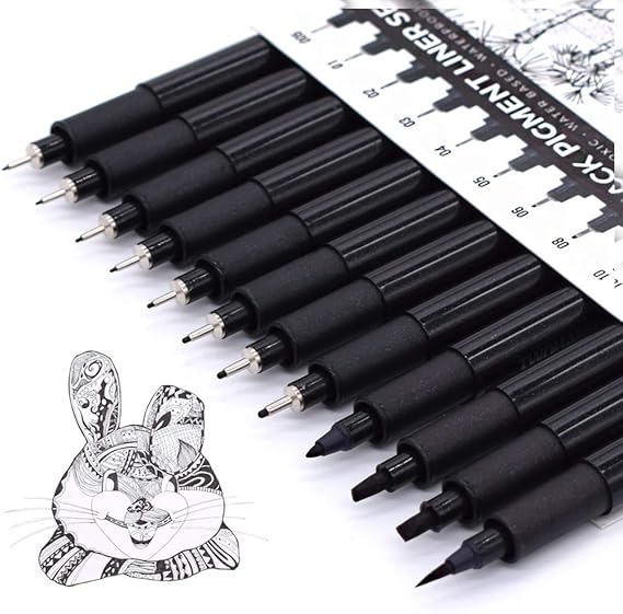 TWOHANDS Art Fineliner Ink Pens,Technical Drawing Pen, Set of 12, Black | Pigment Marker Pen, Fine Point, Waterproof for Art Watercolor, Sketching, Anime, Manga, 902188
