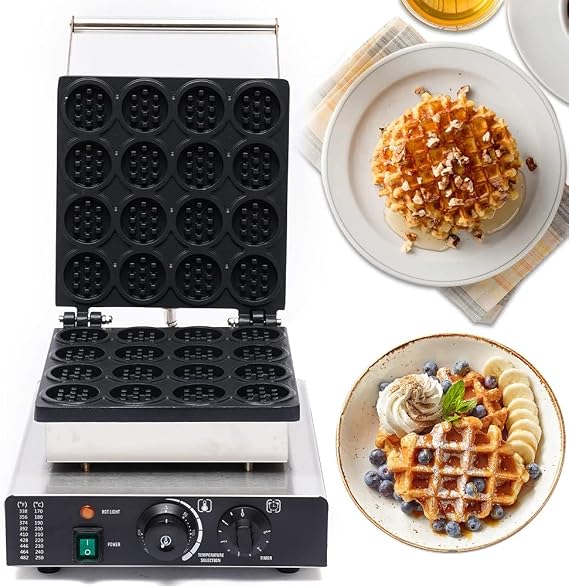 Commercial Belgian Waffle Maker - 16pcs Mini Round Waffle Maker, Nonstick Electric, 110V 1750W, Stainless Steel, Time & Temp Control