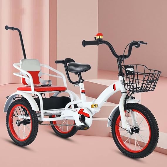 Folding Kids trikes with Parent Handle,3-10 Years Tandem tricycles with Rear Passenger seat,Height Adjustable Saddle with armrest,3 Wheeler Pedal Rickshaw trikes with Pneumatic tire Spoke Wheel