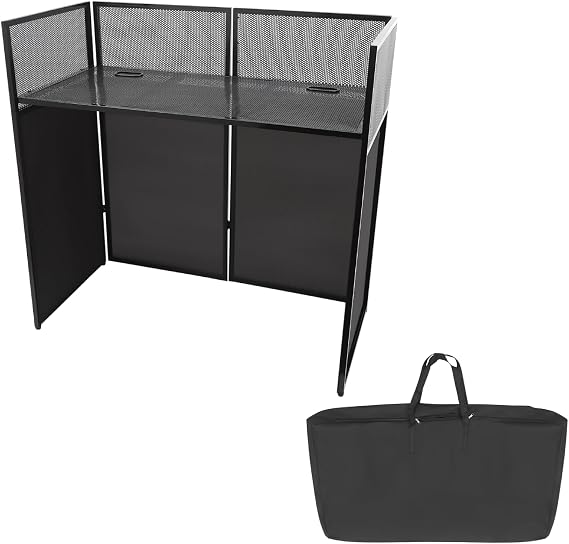 DJ Booth Stand Event Table, Metal Floorstanding Display Rack, Portable DJ Booth, Foldable DJ Stand w/Carrying Bag, Booth Table For All Your DJ Equipment, DJ Stand With 24'' x 48'' Table (Black)