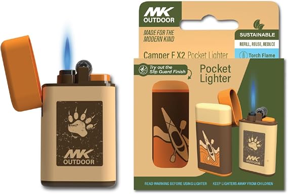 MK Lighter Outdoor Series Camper 2pc Assorted Designs, Refillable Butane Tank, Torch Flame, Prepping & Camping Supplies, Survival Lighters (Camper-F-B-2PC)