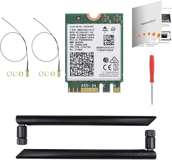 Makeronics 8265AC/8265NGW Wireless NIC Module M.2 NGFF for Jetson Nano Support 2.4GHz / 5GHz 300Mbps / 867Mbps Dual Band WiFi and Bluetooth 4.2 | Assembly Instruction Included