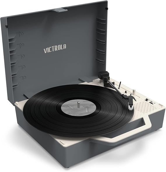 Victrola Re-Spin Sustainable Suitcase Vinyl Record Player, 3-Speed (33 1/3, 45 & 78 RPM), Belt-Driven Bluetooth Turn Table with Built-in Bass Radiator, 3.5mm Headphone Jack (Gray)