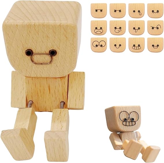 12 Expressions Shaking Wooden Man Figurine Wobbly Legs Wooden Robot Toy Funny Desk Decoration with Interchangeable Face Stickers