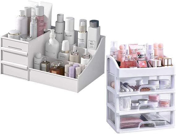 Makeup Organizer With Drawers Bundle Countertop Organizer for Cosmetics, Vanity Holder for Lipstick, Brushes, Lotions, Eyeshadow, Nail Polish and Jewelry
